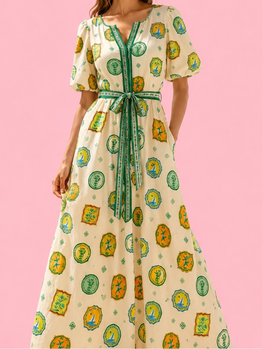 Rachel Zoe Mediterranean Print Linen Blend Belted Maxi Dress M